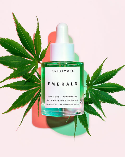 Emerald 100 mg CBD Deep Moisture Glow Facial Oil Bottle and cannabis leaf | Herbivore Botanicals